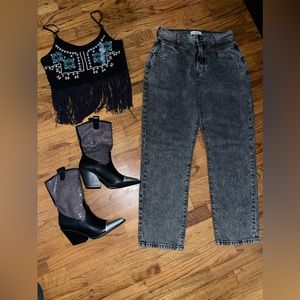 Black Acid Wash Denim Straight Jeans